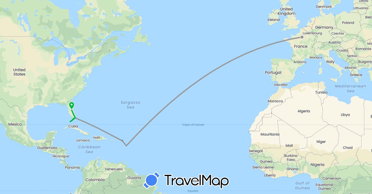 TravelMap itinerary: driving, bus, plane, boat in France, Netherlands, United States (Europe, North America)